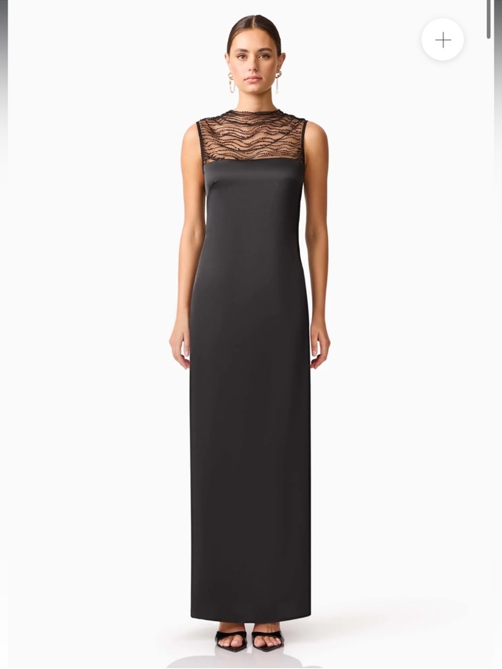 elliatt margot black satin pearl beaded mesh overlay maxi gown dress size Large